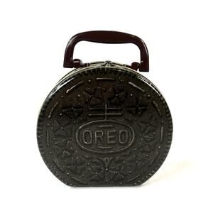Vintage 1990’s Oreo Cookie Tin Metal Lunch Box Handle Collectible Round Retro 6”